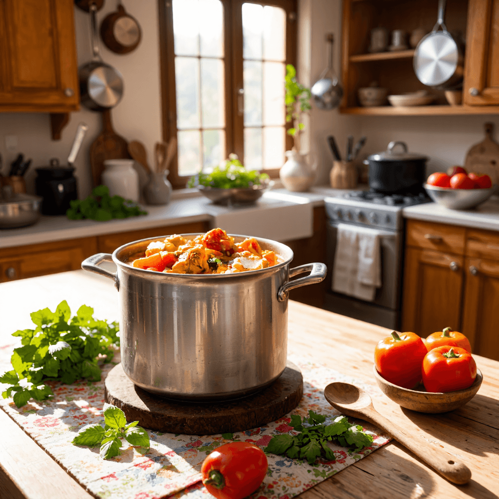 product photography of pot of spicy chicken stew