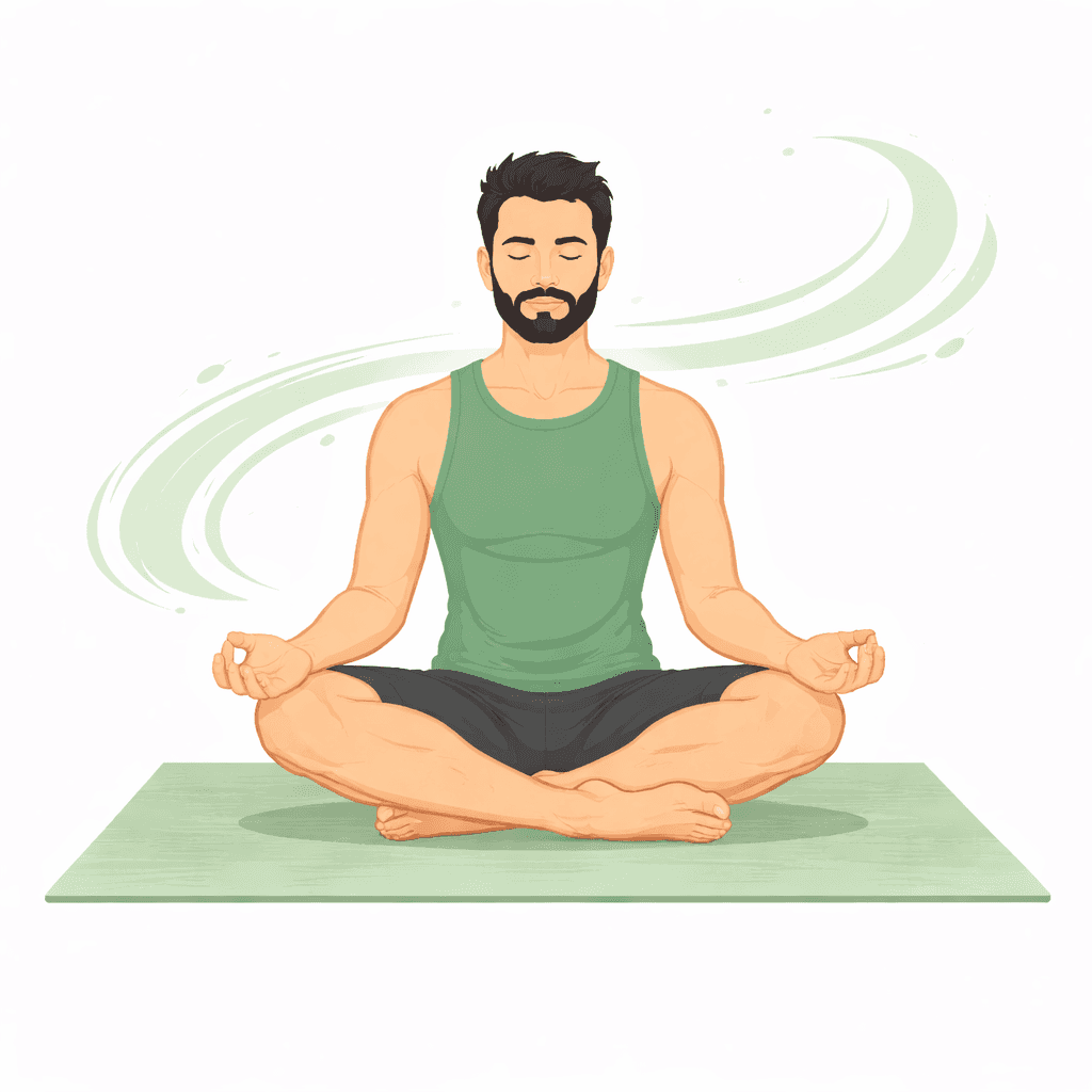 A man sits cross-legged in a yoga pose on a mat, practicing meditation with a calm expression.