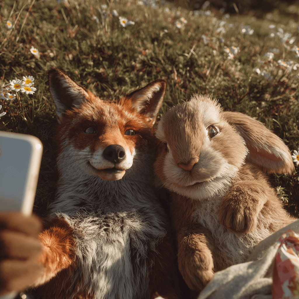 Fox with bunny selfie portrait