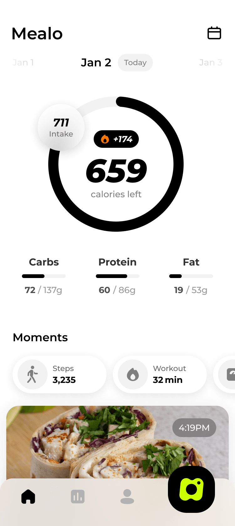 Mealo app main screen showing daily calorie tracker with photo-based food analysis, highlighting the tagline "The Simplest Way to Track Calories"