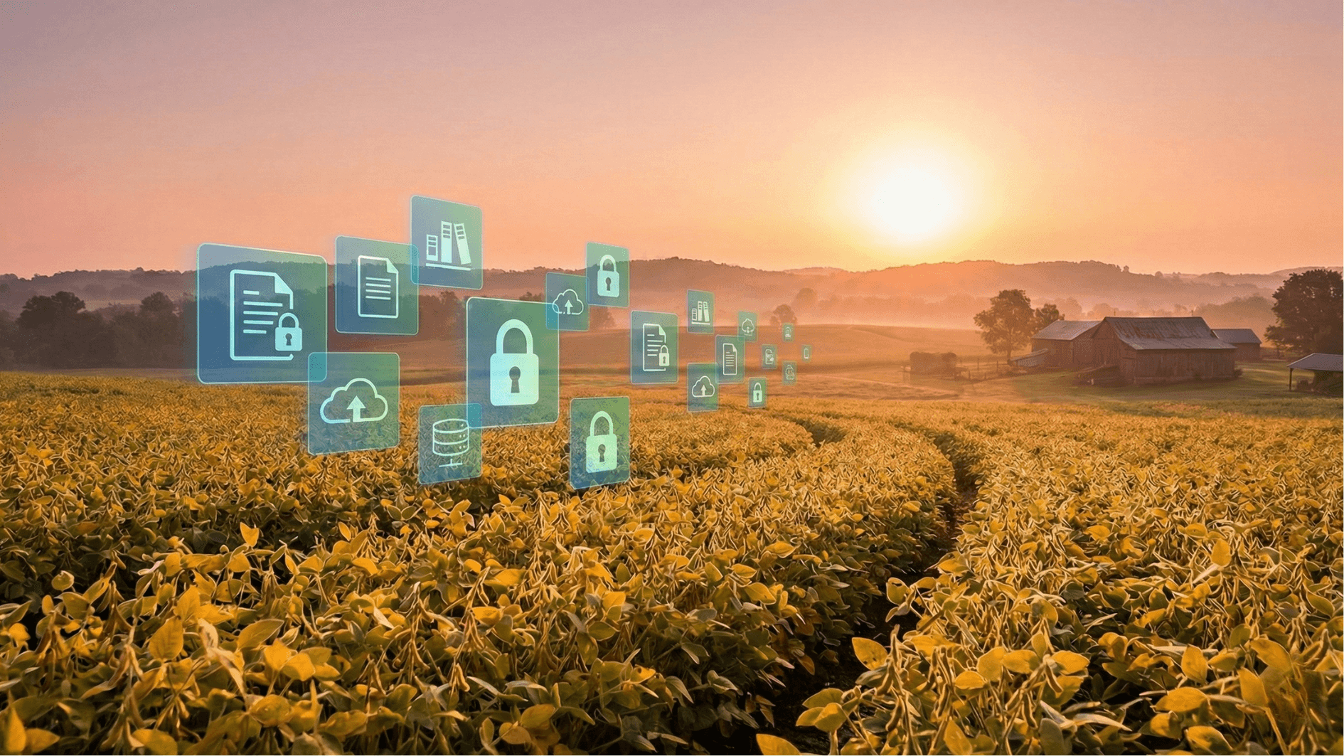 Ilustração de Nota Fiscal Eletrônica Rural com ícones de dados digitais sobre uma plantação ao entardecer.