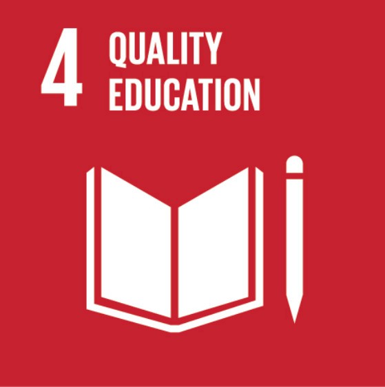 The image represents the fourth United Nations Sustainable Development Goal (SDG 4), which is "Quality Education." It features a red background with the text "4 Quality Education" at the top. Below the text, there is a simple white icon of an open book and a pencil, symbolizing learning and education. This goal emphasizes ensuring inclusive and equitable quality education and promoting lifelong learning opportunities for all.