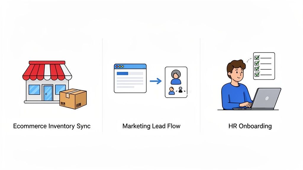 Three cartoon illustrations depicting business process integrations for ecommerce, marketing, and HR.
