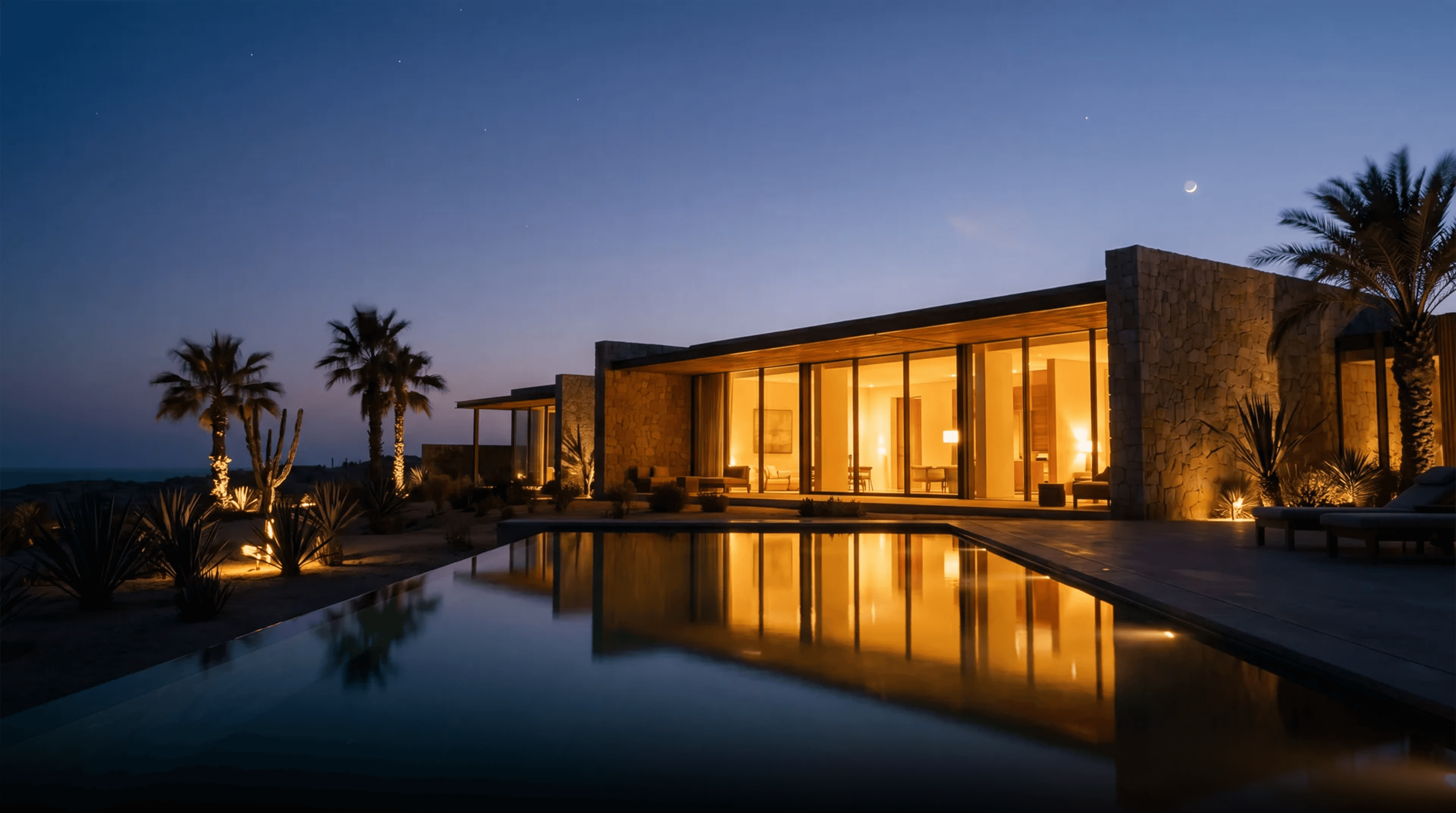 Modern two-story house with garden and wooden pergola at sunset.