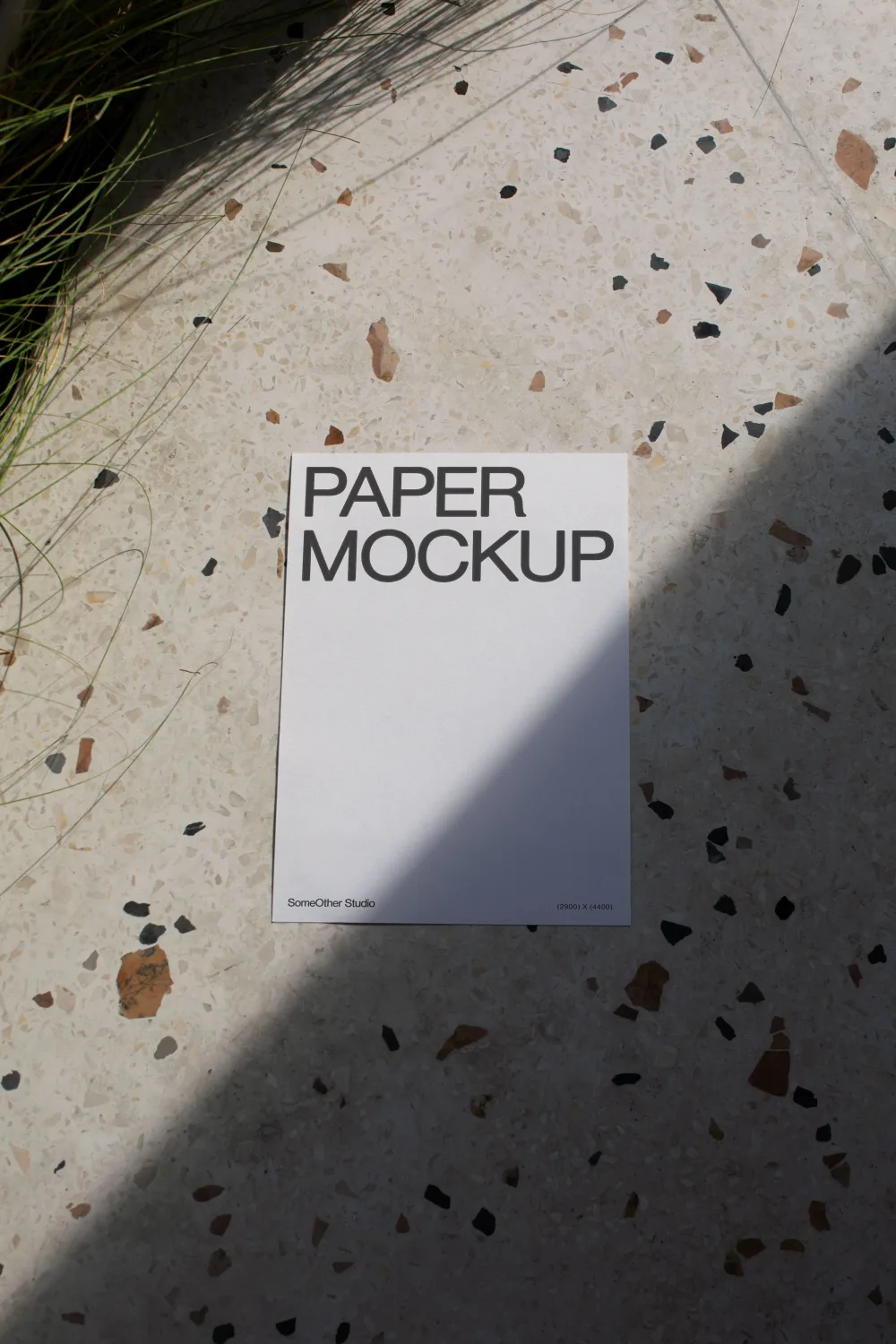 A paper mockup placed on a terrazzo-style surface with a speckled pattern of black, brown, and beige. Soft shadows from nearby grass and foliage add depth under natural lighting.