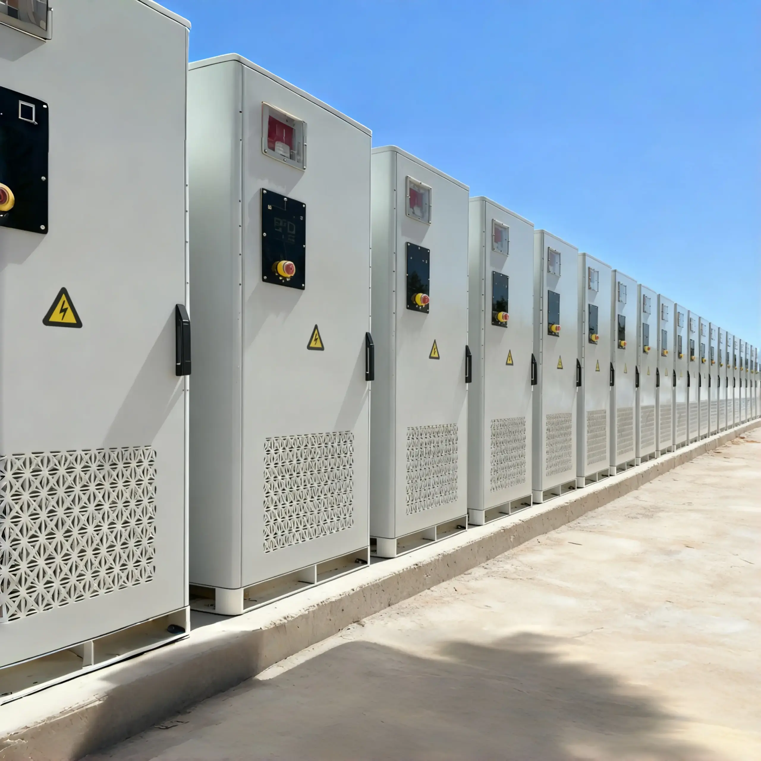 Multiple FFD POWER liquid‑cooled & air‑cooled BESS cabinets installed at commercial energy‑storage site