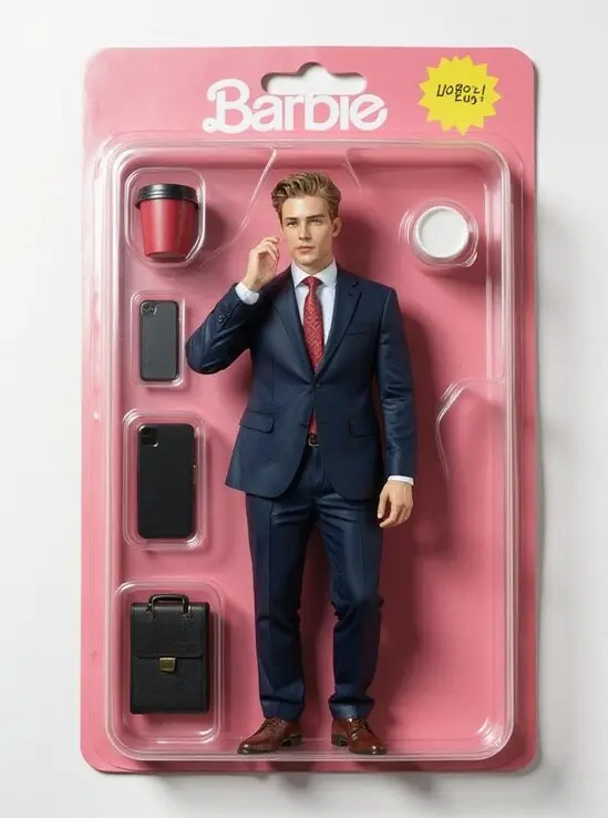 ai barbie dolls businessman figure in office box with briefcase and phone.