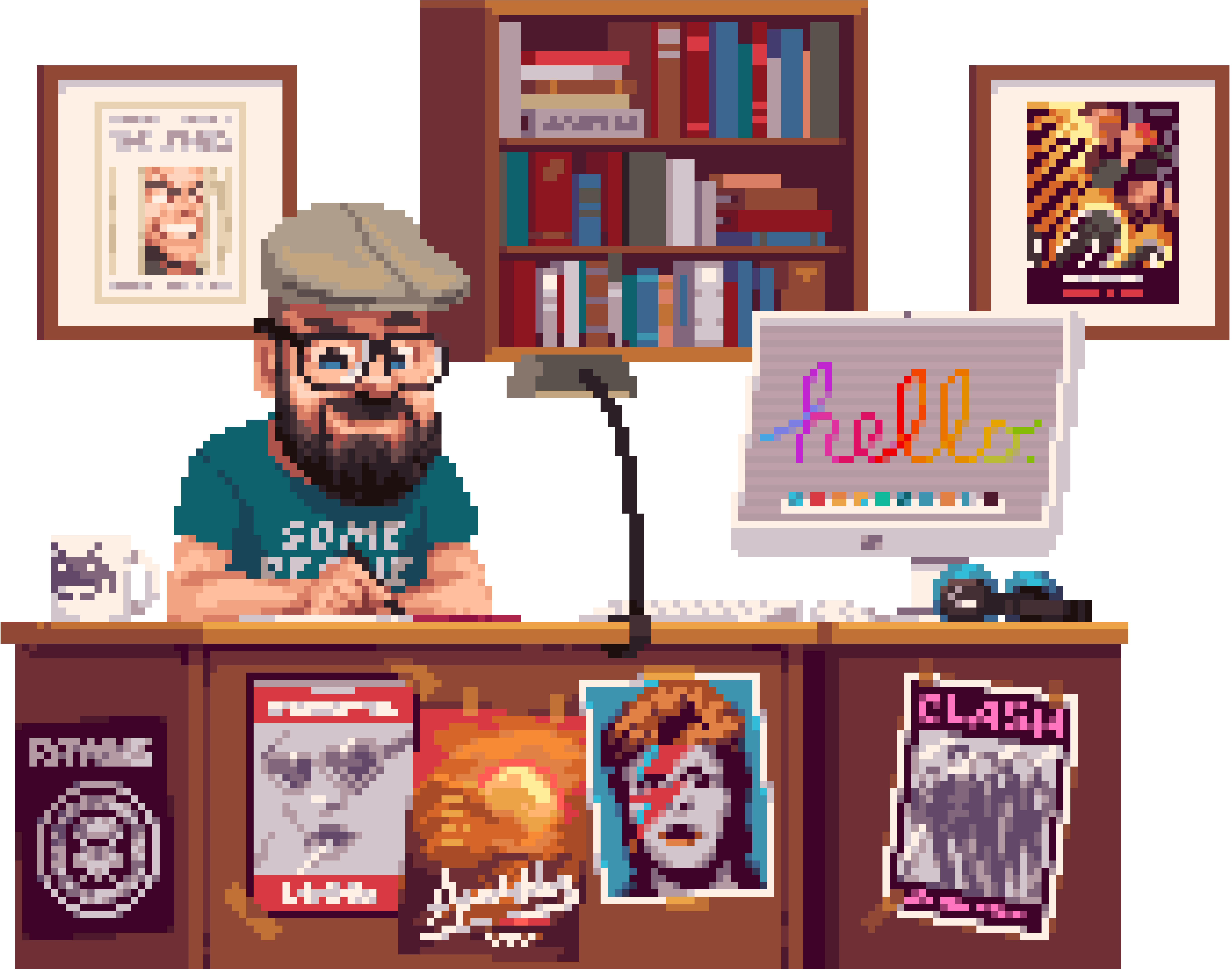 Pixel art illustration of Jonas Strandell at a desk