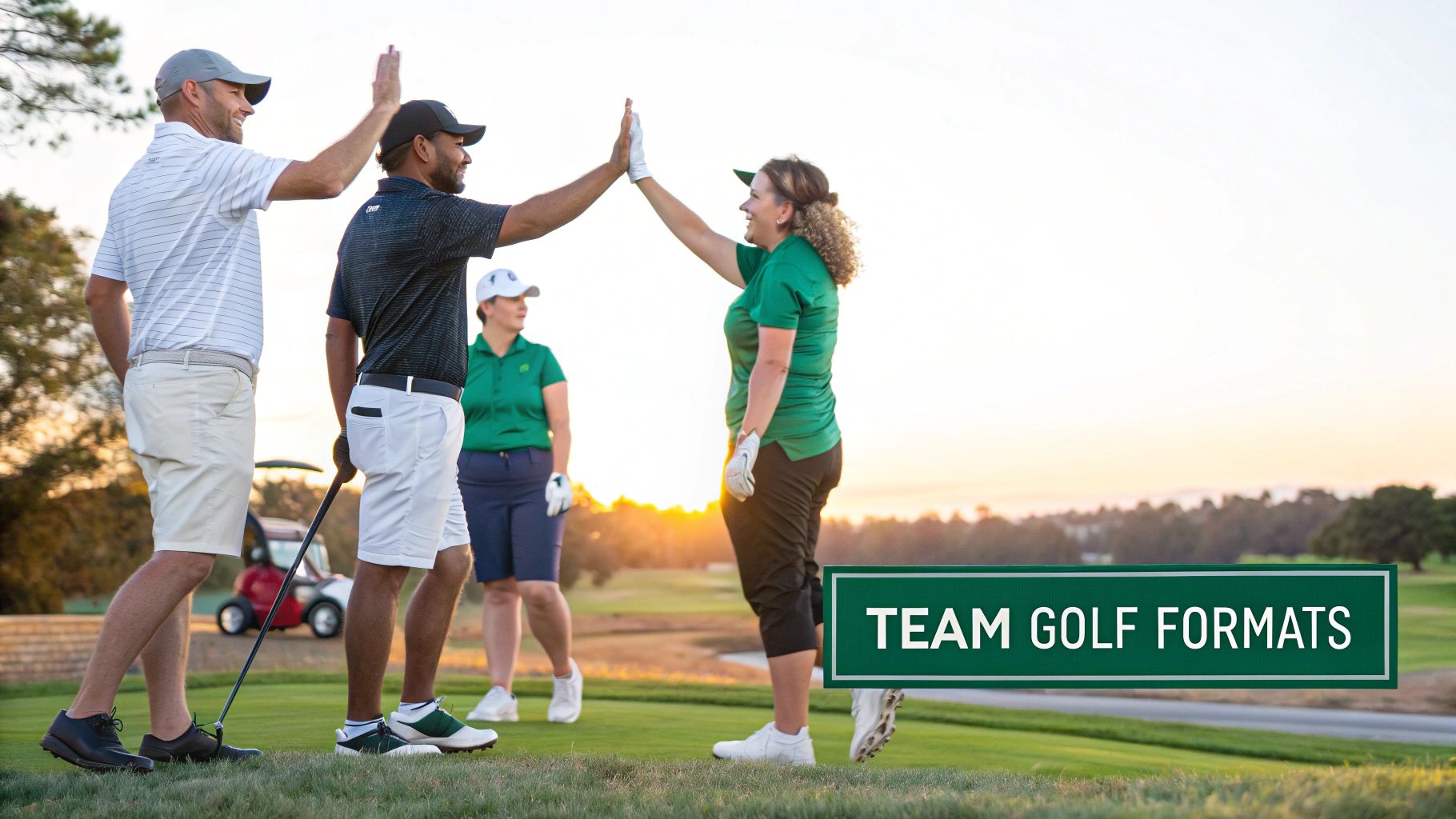 Four smiling golfers on a course, two giving high-fives at sunset.