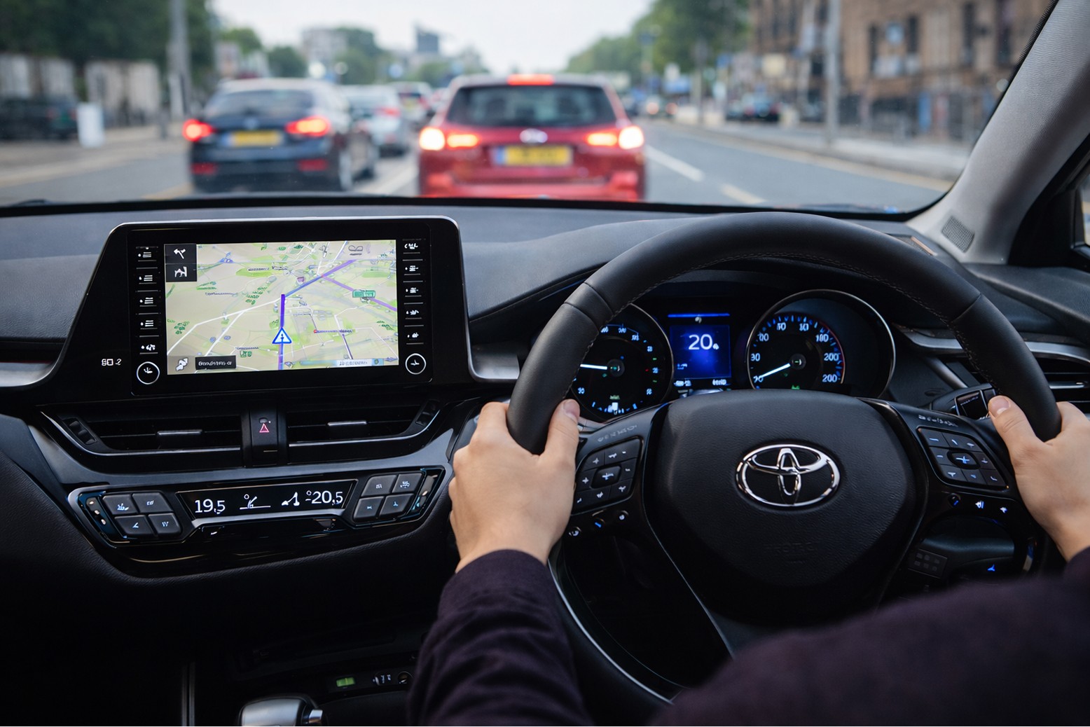 Driver’s view inside an automatic Toyota car at day with hands on the steering wheel and traffic ahead