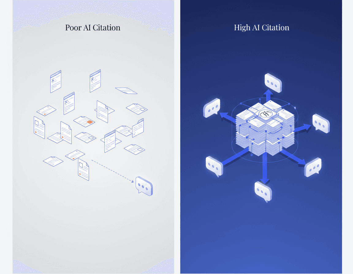 Diagram comparing scattered pages to an organized content hub and their respective AI citation reach