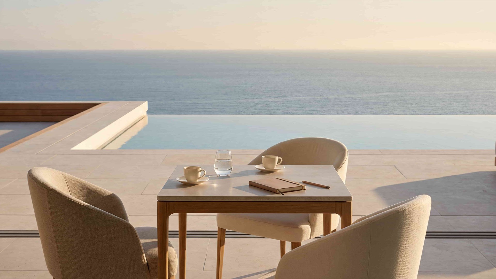 Luxury terrace with sea view in Marbella featuring outdoor dining setup and infinity pool