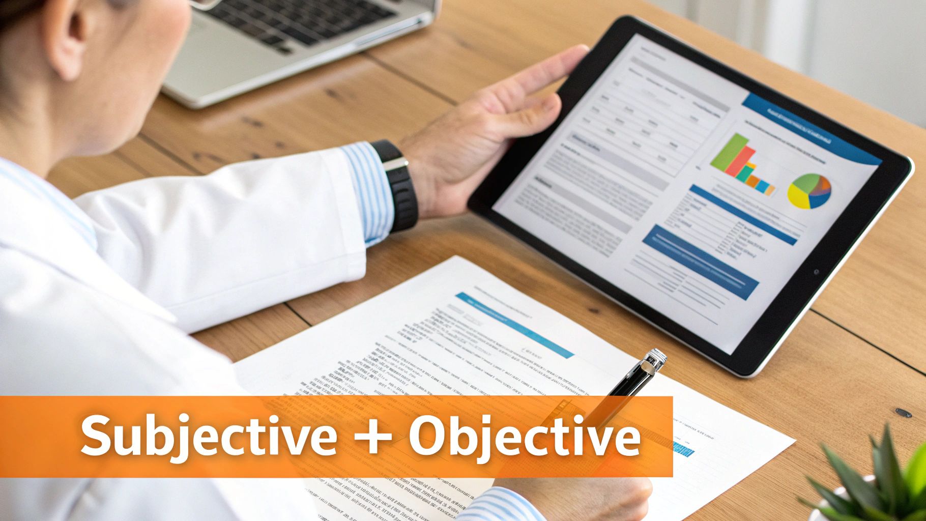 A medical professional reviews subjective and objective patient data on a tablet and documents.