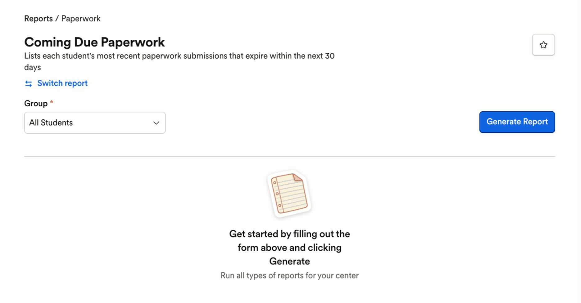 Coming Due Paperwork report screen with a Group dropdown set to All Students and a Generate Report button