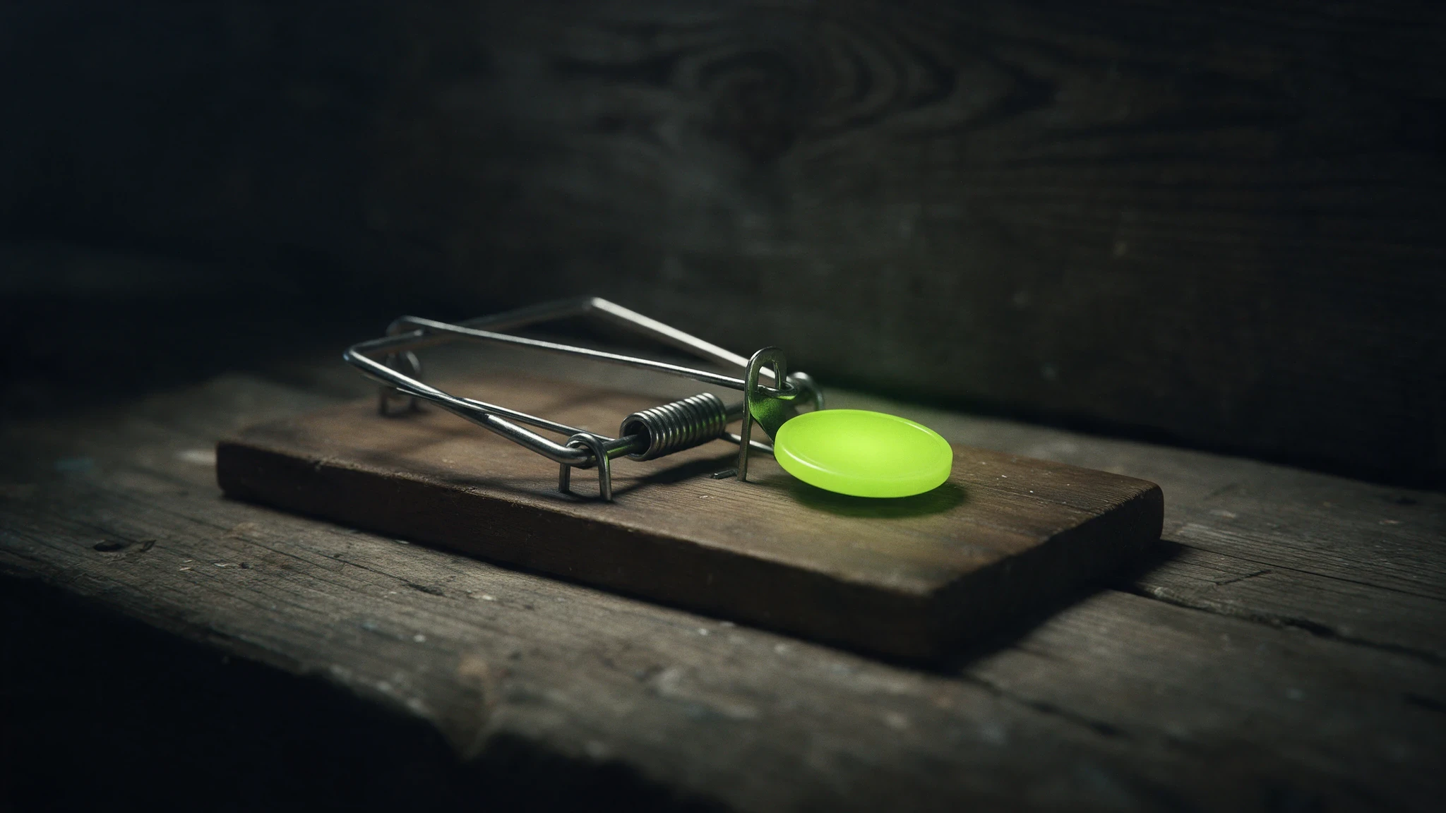 A wooden mousetrap set in shadow with a glowing green coin as bait
