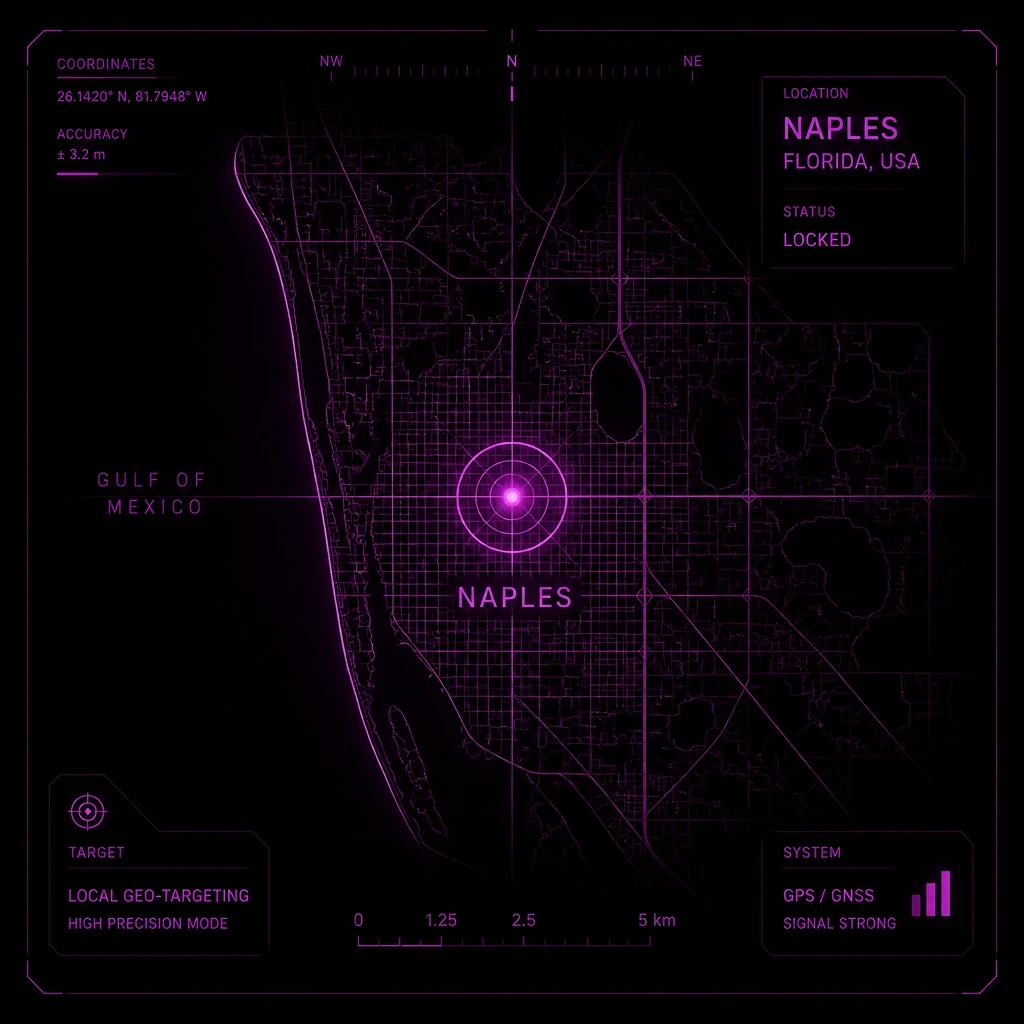 Sleek, futuristic GPS display focused on a stylized map of Naples, Florida with magenta luminous lines and a violet target icon.