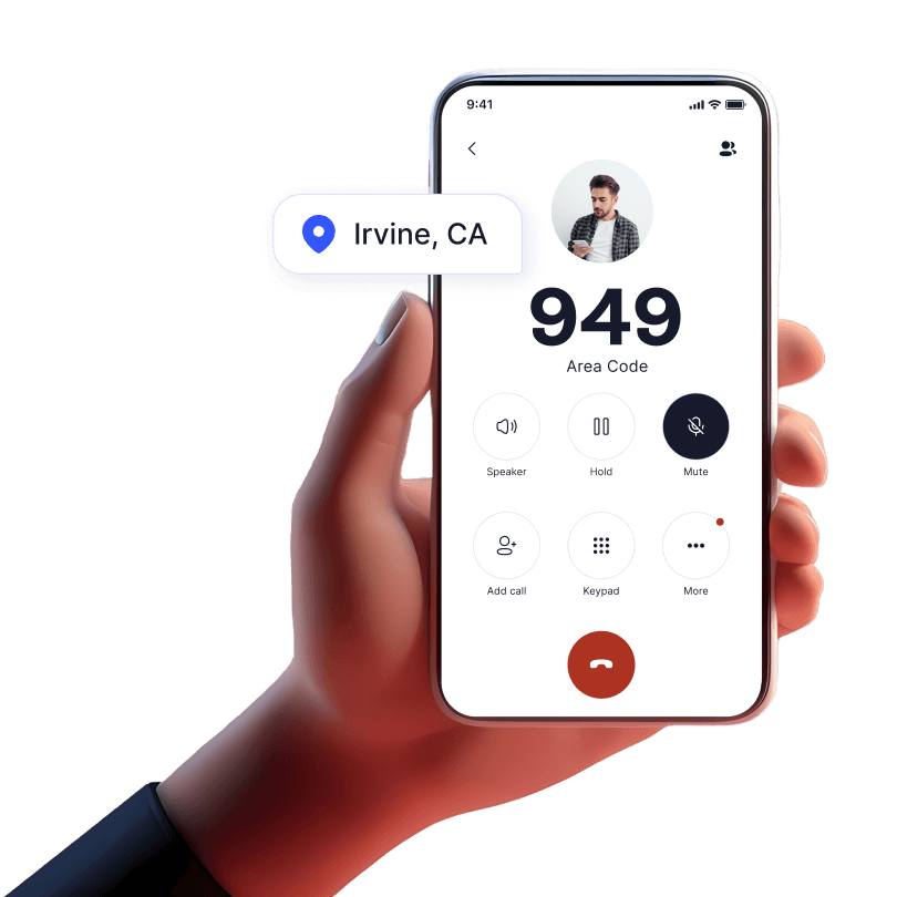 Hand holding mobile device with incoming call from 949 area code using LinkedPhone 2nd phone number mobile app