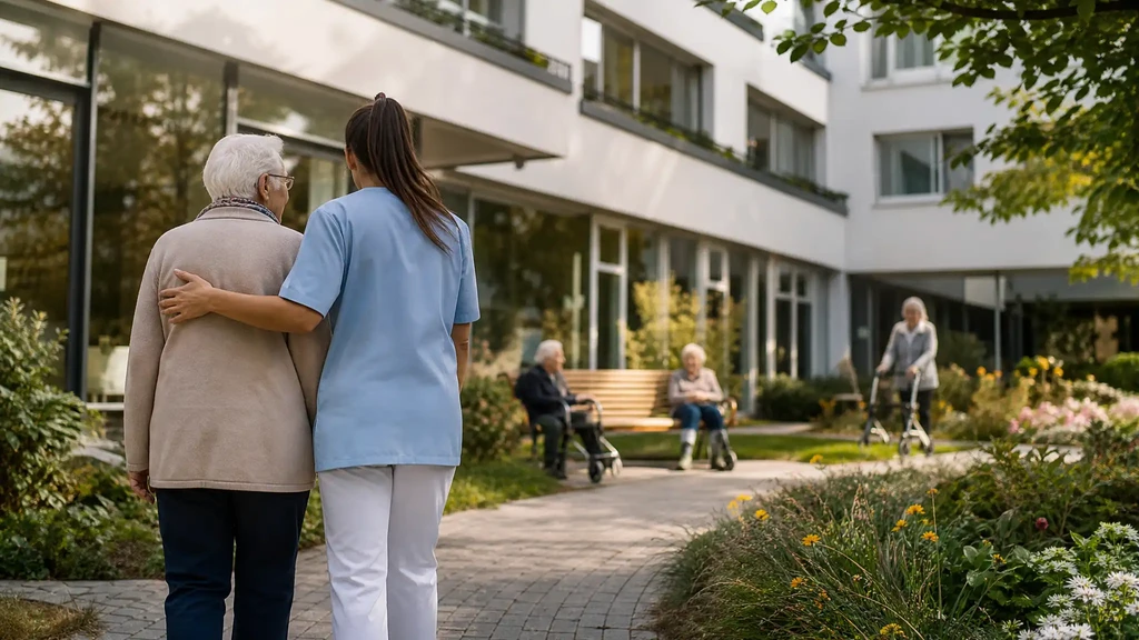 Pflegekraft begleitet eine Bewohnerin durch den Garten eines Pflegeheims