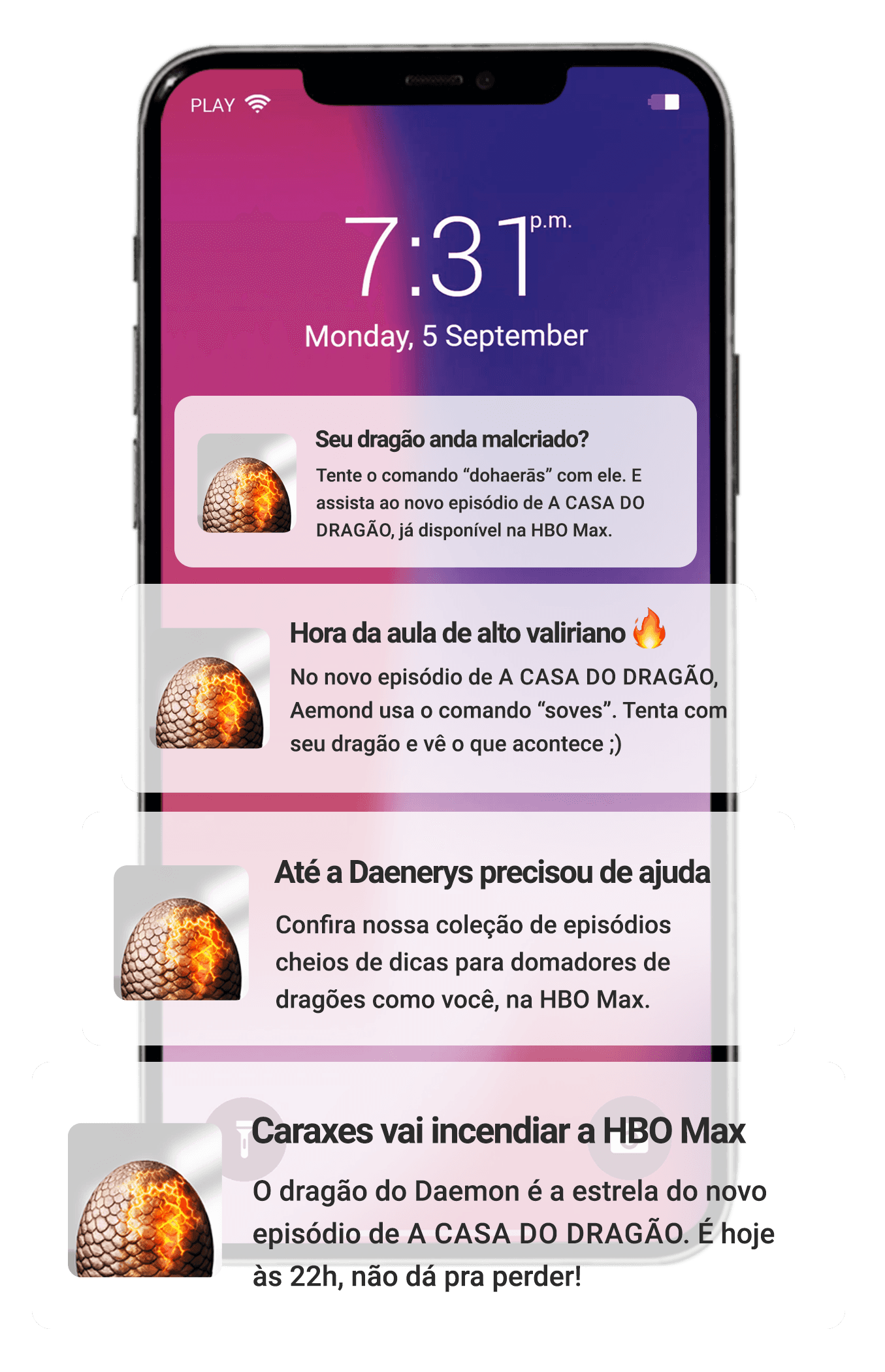 Mobile phone screen showing push notifications linking DracARys app activities to new episodes of House of the Dragon on HBO Max.