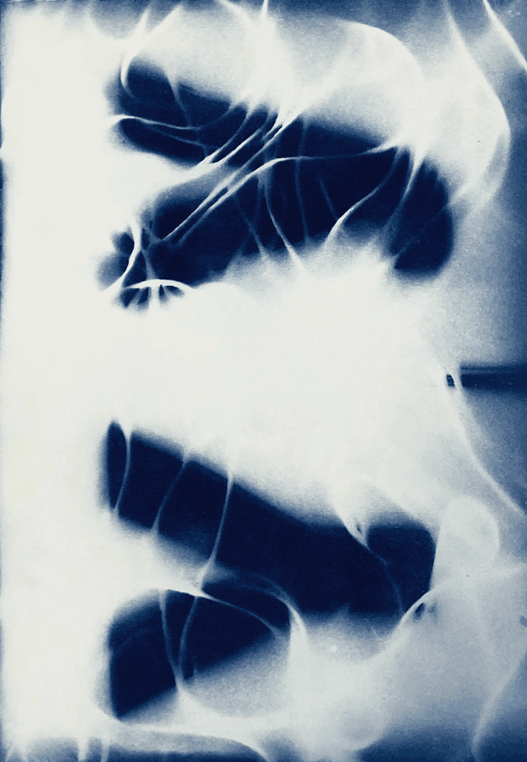 Serie von analogen Blaudrucken auf Aquarellpapier, Designprojekt zur Untersuchung von Unschärfe und Kontrast in der Cyanotypie.