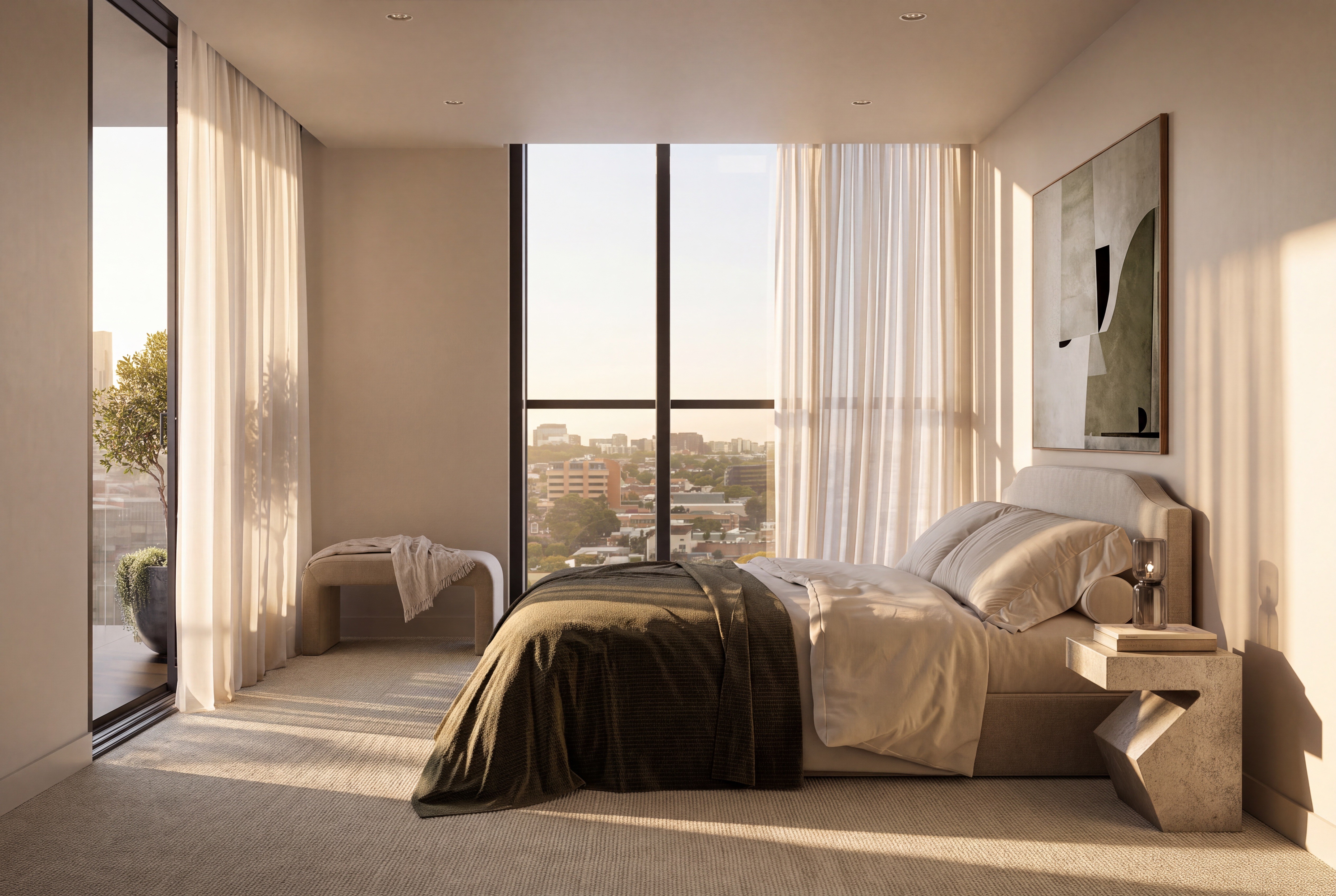 Primary bedroom with soft drapery and a neutral, earthy palette
