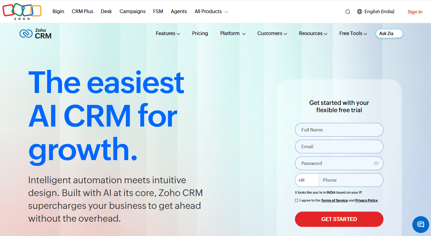 Zoho CRM home