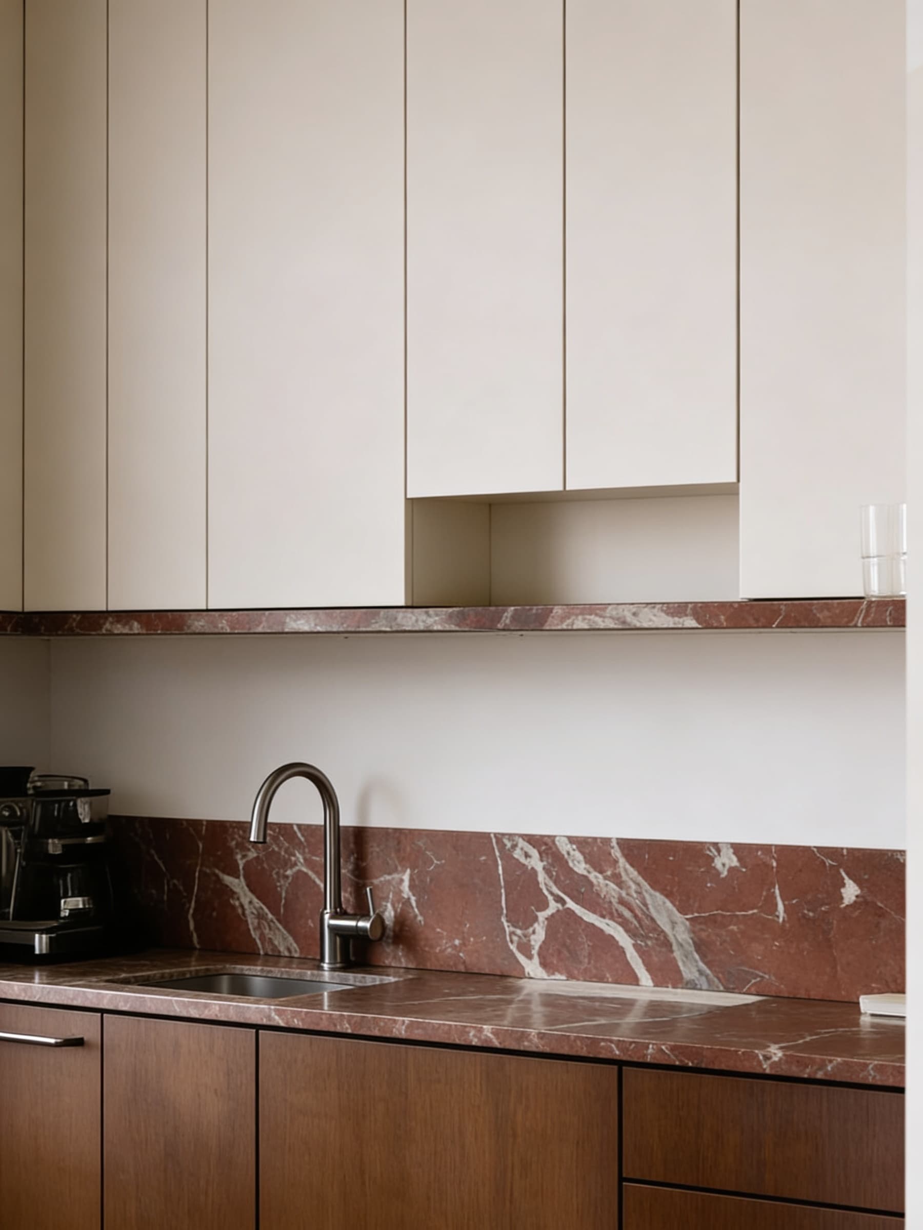 A modern kitchen featuring sleek, white cabinetry, a marble backsplash, warm wooden lower cabinets, and a stylish herringbone-patterned floor, creating an elegant and functional cooking space.