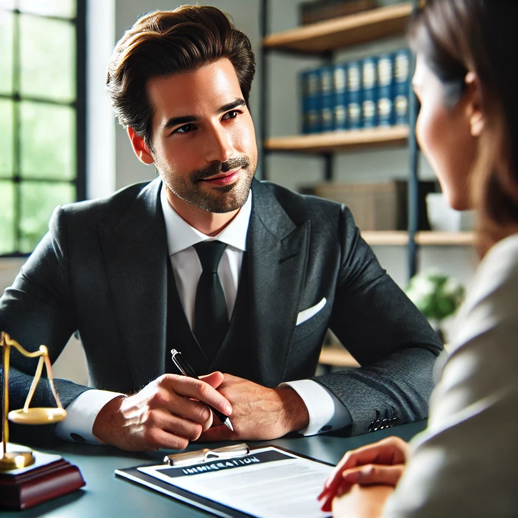 A professional immigration lawyer discussing case details with a client, emphasizing trust and expertise in handling immigration cases.