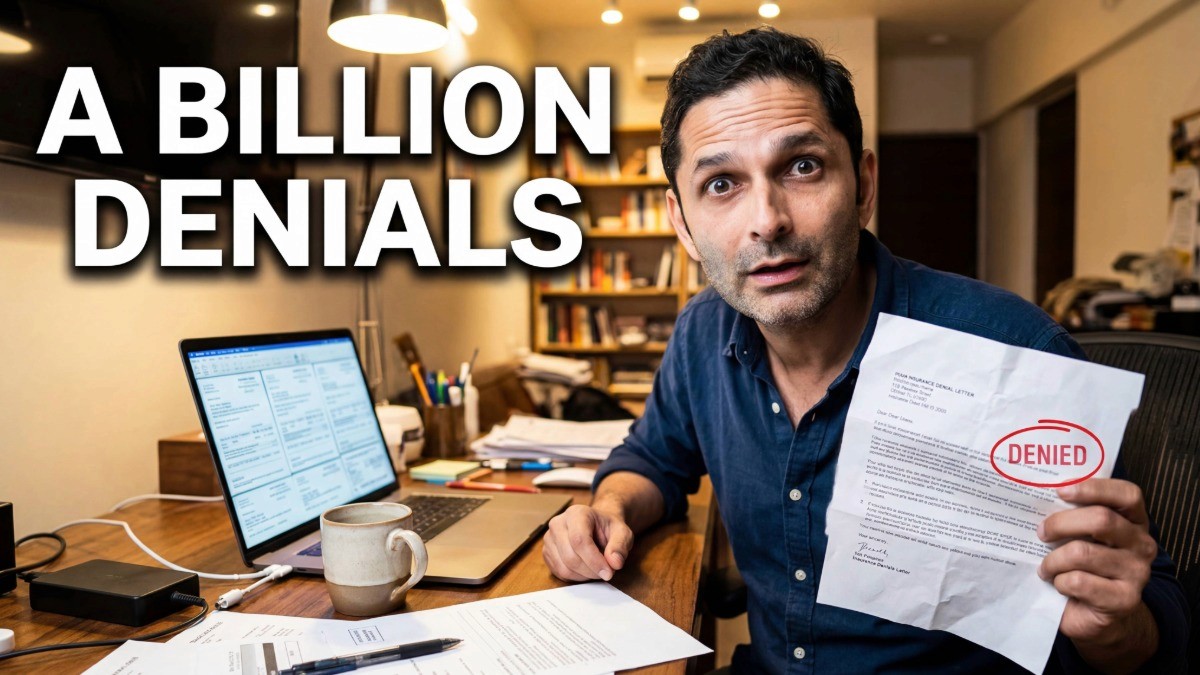 YouTube video thumbnail with bold text reading 'The $200 Billion Healthcare Cartel' with 'Exposed' stamped in red. Logos of major health insurers — UnitedHealthcare, Cigna, Aetna, Anthem, and Blue Cross BlueShield — are pinned around a central 'Claritev' logo, connected by red lines against a dark background with a hospital and downward arrow.