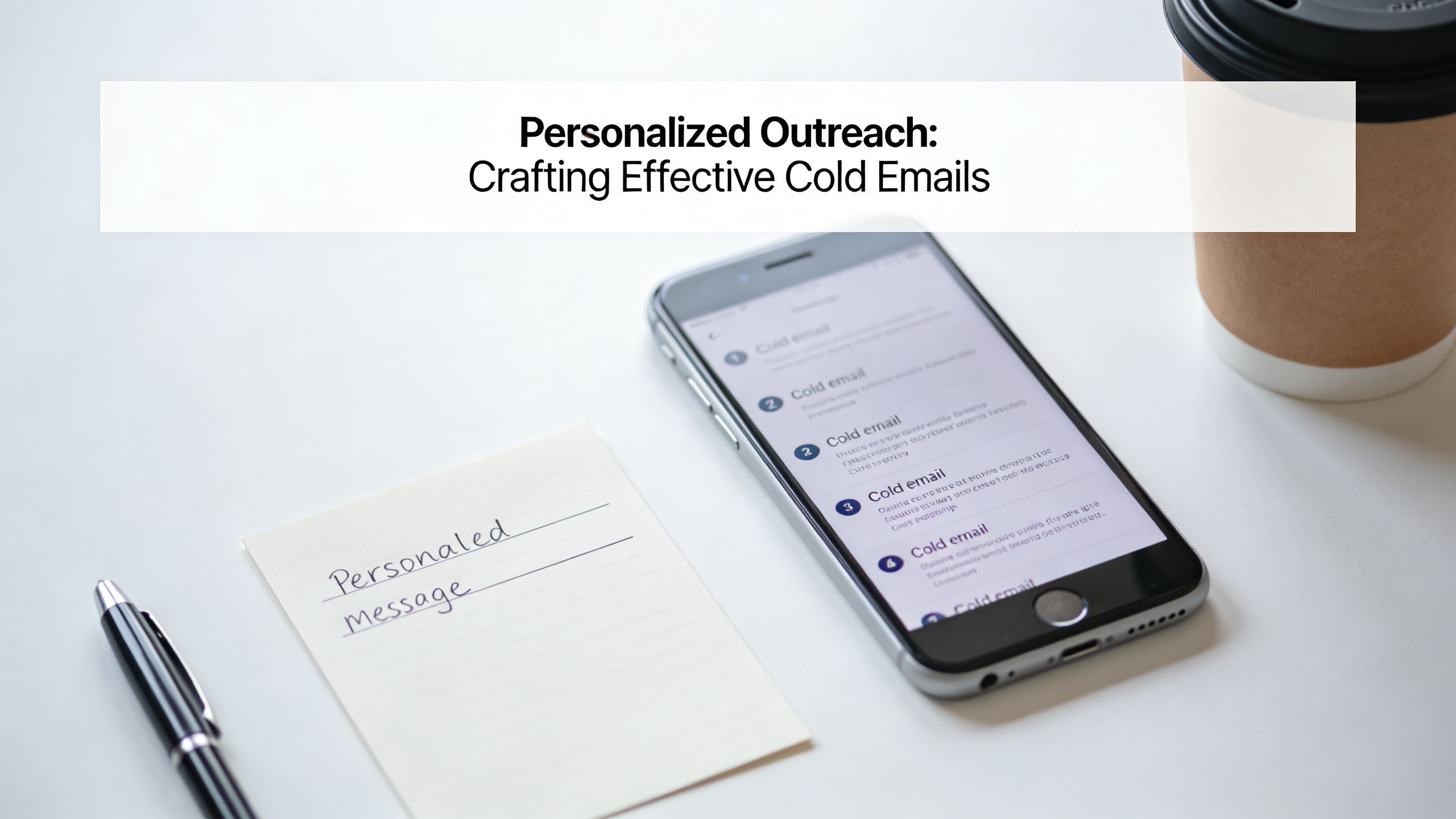 A smartphone displaying cold email templates next to a notepad with the handwritten note Personaled message.