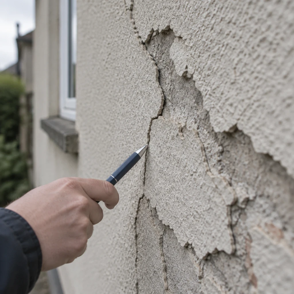 Enduit de façade fissuré et écaillé, désigné avec un stylo