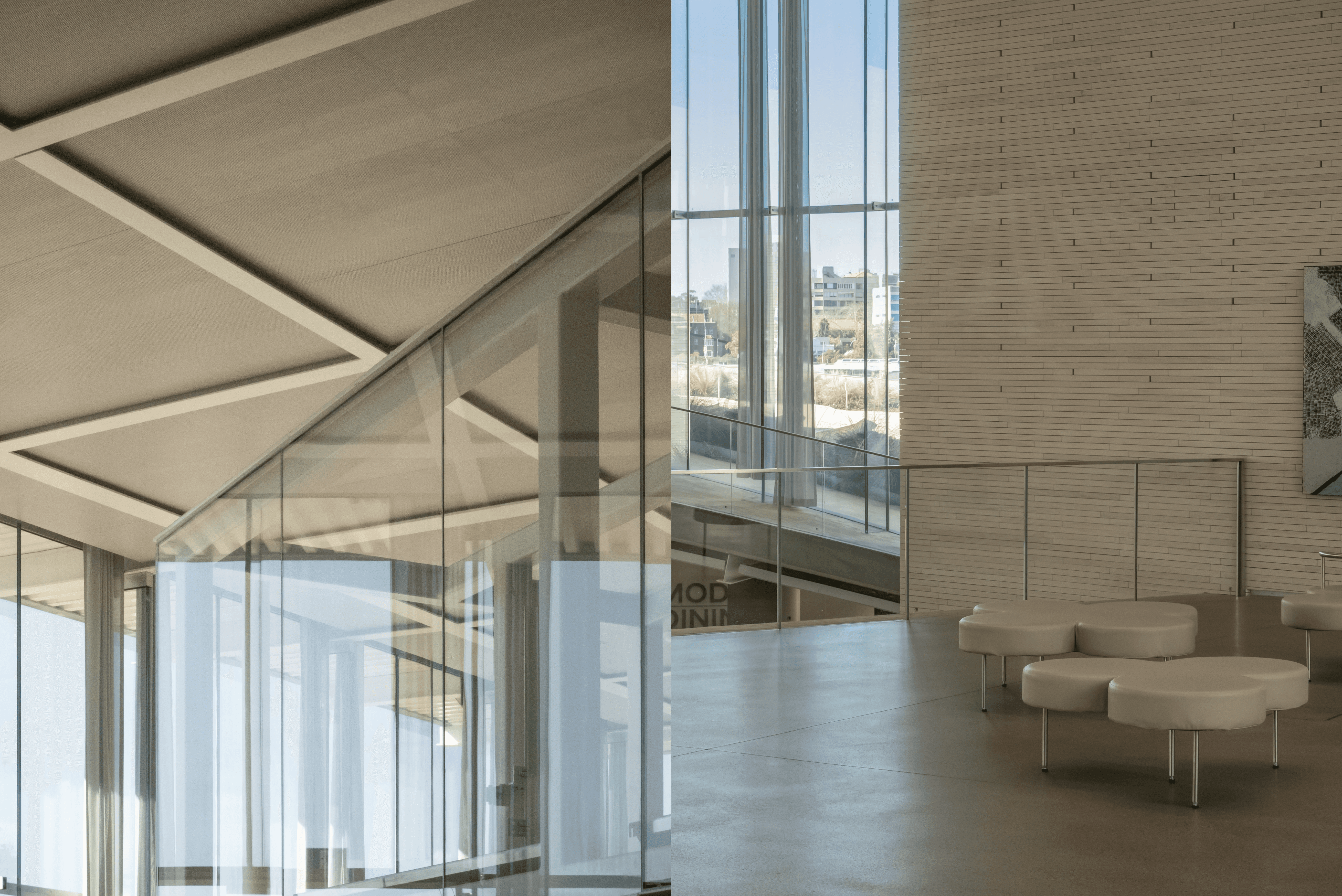 Transparency at Sydney Modern is not limited to the façade. Layers of glass, structure, and reflected light create a sense of visual continuity that extends throughout the interior. By embracing negative space and restrained detailing, the architecture allows light and volume to become the dominant elements of the experience.
