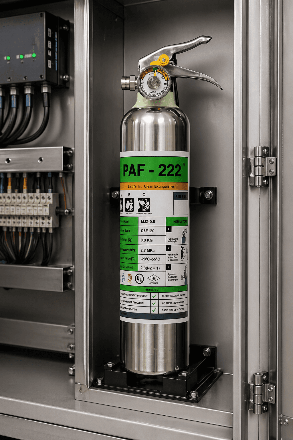 PAF-222 clean agent fire extinguisher cylinder installed in an electrical cabinet