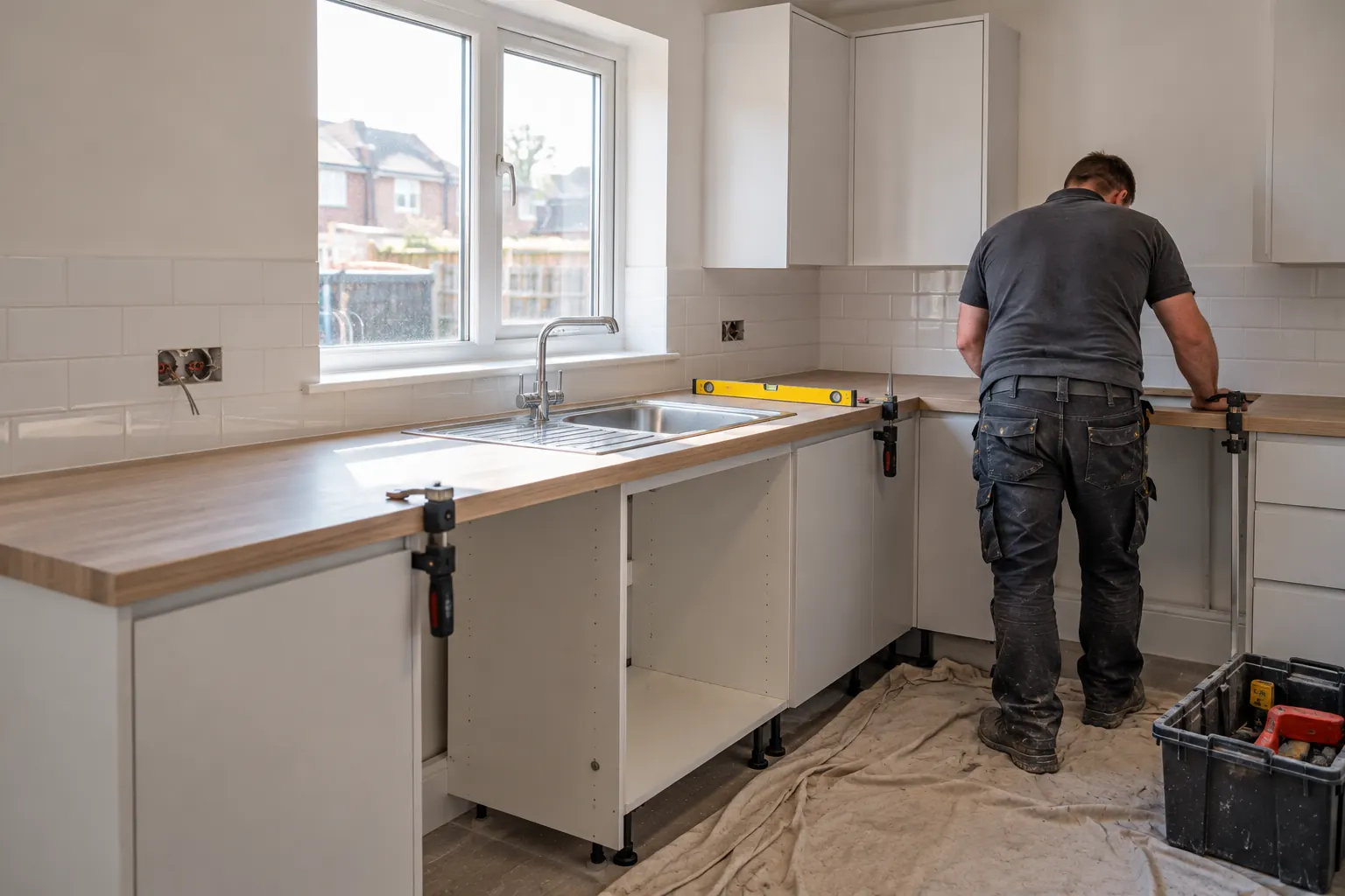 Tradesperson fitting a wood-effect laminate worktop on new white base units during a social housing kitchen replacement