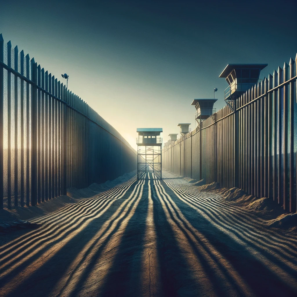A towering border fence stretches into the horizon, underlined by the shadow of watchtowers, symbolizing national efforts to curb illegal immigration.