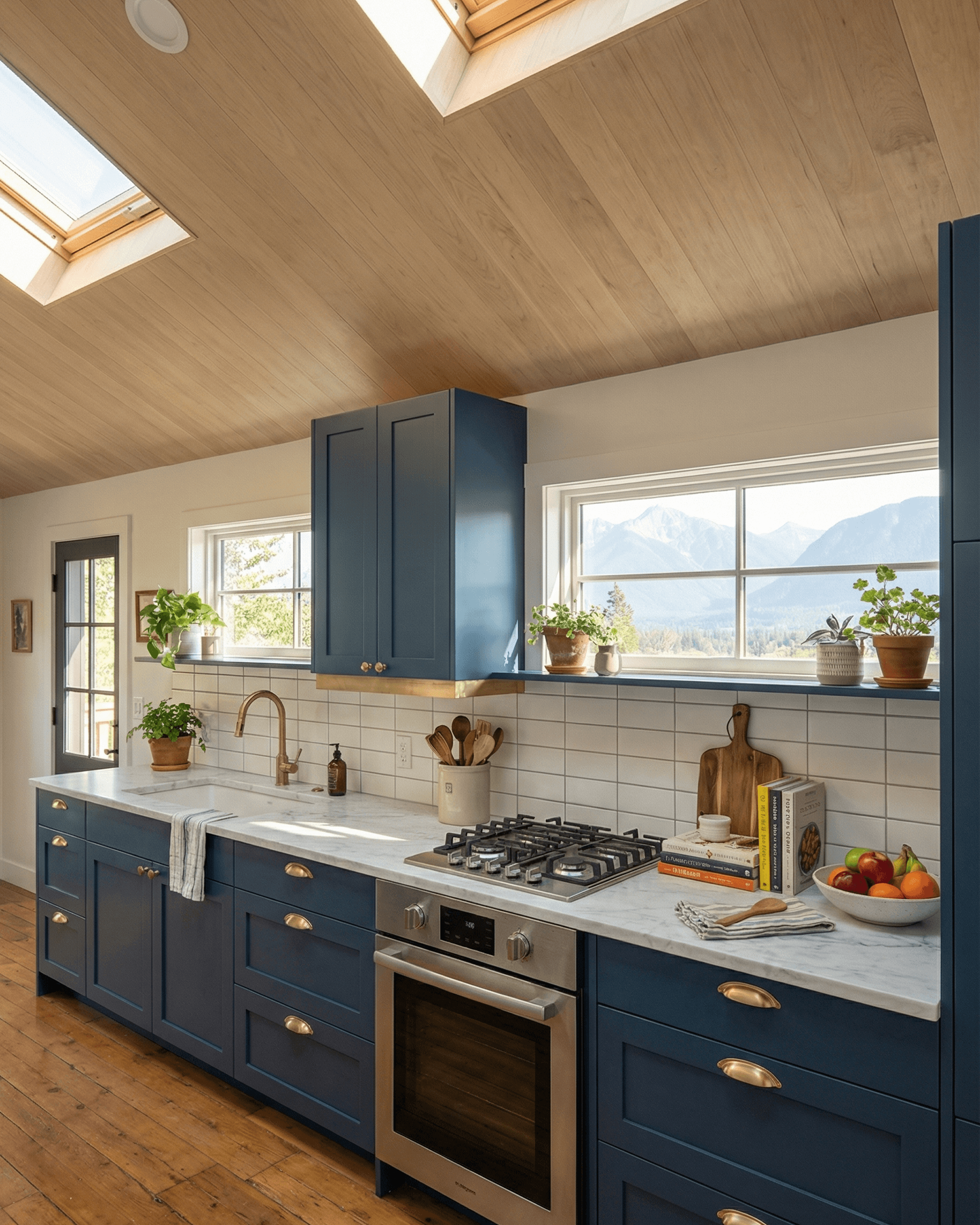 Bright cabin kitchen with blue shaker cabinets, marble-look countertop, brass faucet, skylights, and mountain views through wide windows.