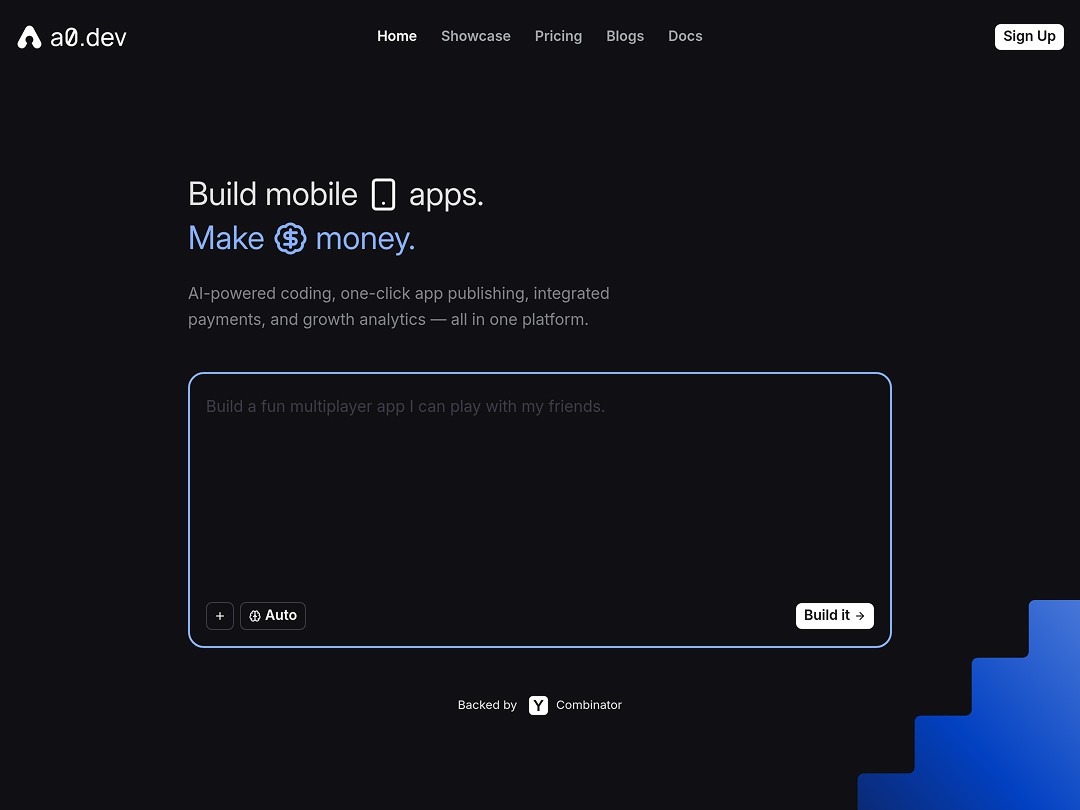 Mobile app platform with AI coding and integrated payments.