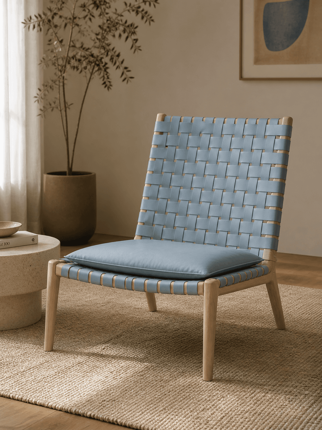 A blue leather chair in a warm living room