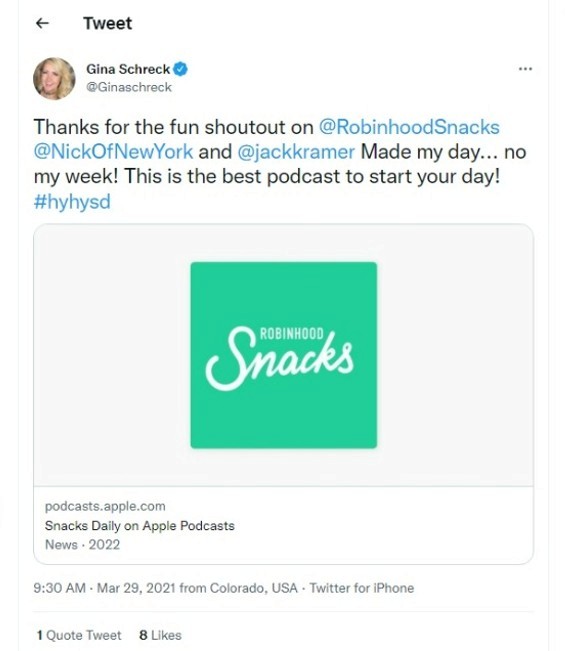 Robinhood Snacks tweet with branded hashtag