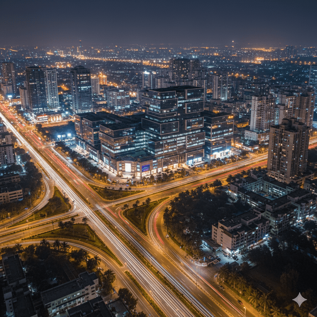 Aerial night view of Sector 72 Noida commercial hub and M3M Line