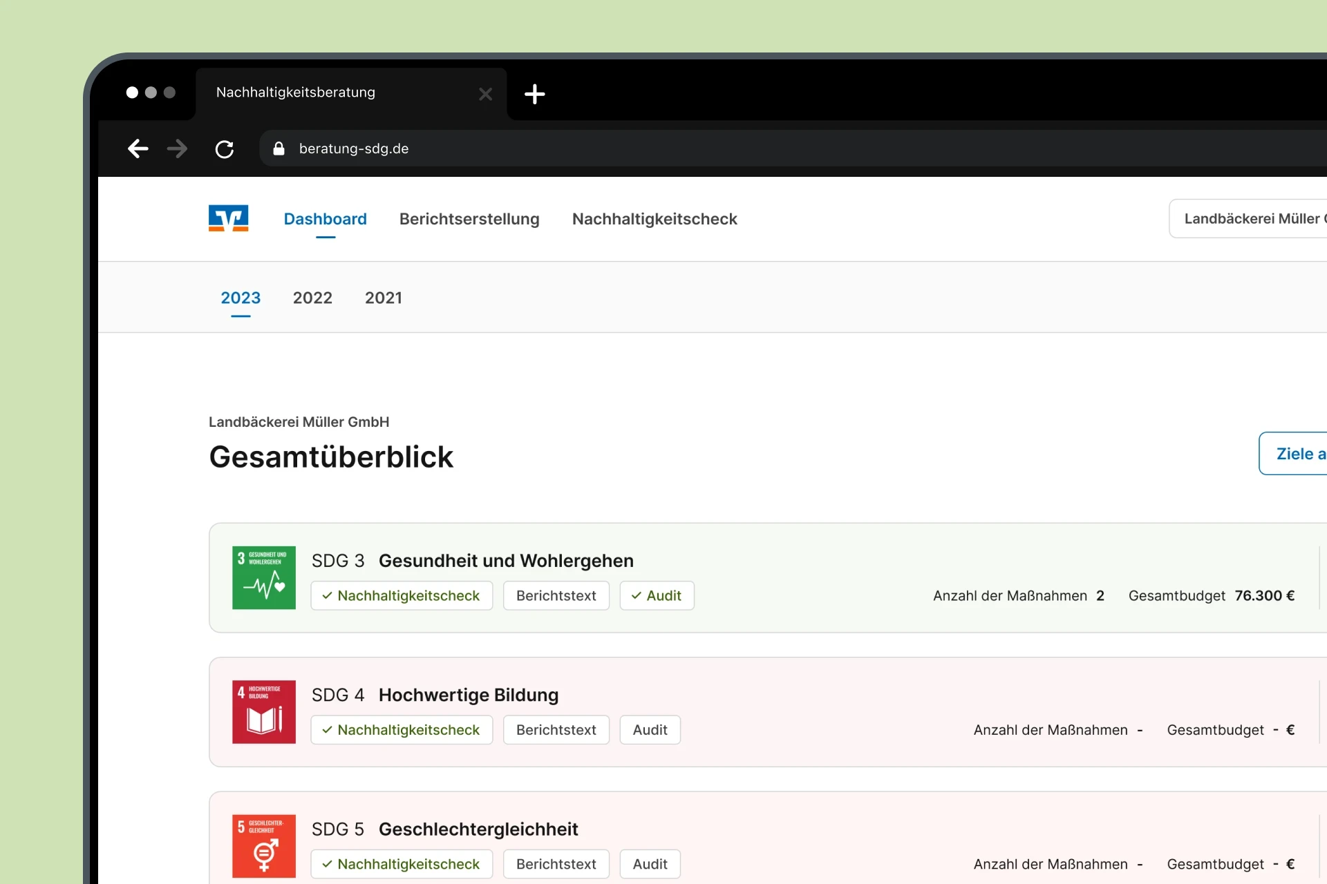 Dashboard Volksbank Kurfplaz SDG Beratung