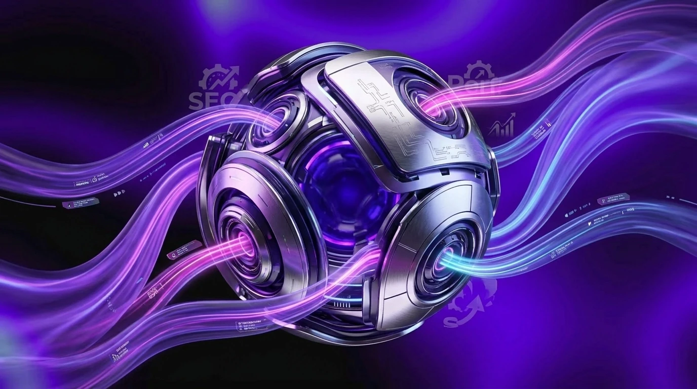 A futuristic representation of a high-speed engine core with a central glowing orb emitting magenta and violet light on a black background.