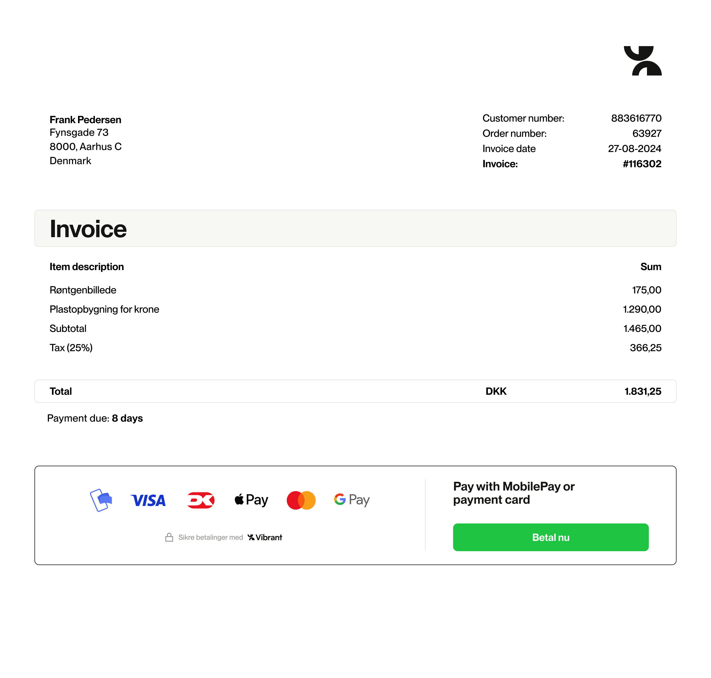 Vibrant payment link embedded on an invoice