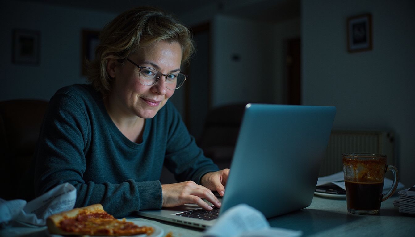 A woman types late at night surrounded by unpaid bills, pizza, and coffee, embodying relatable determination and fatigue.