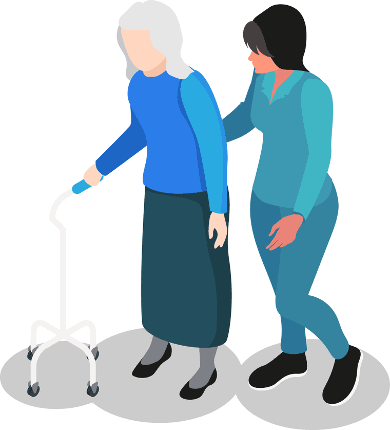 Illustration of a caregiver walking beside a resident using a walker