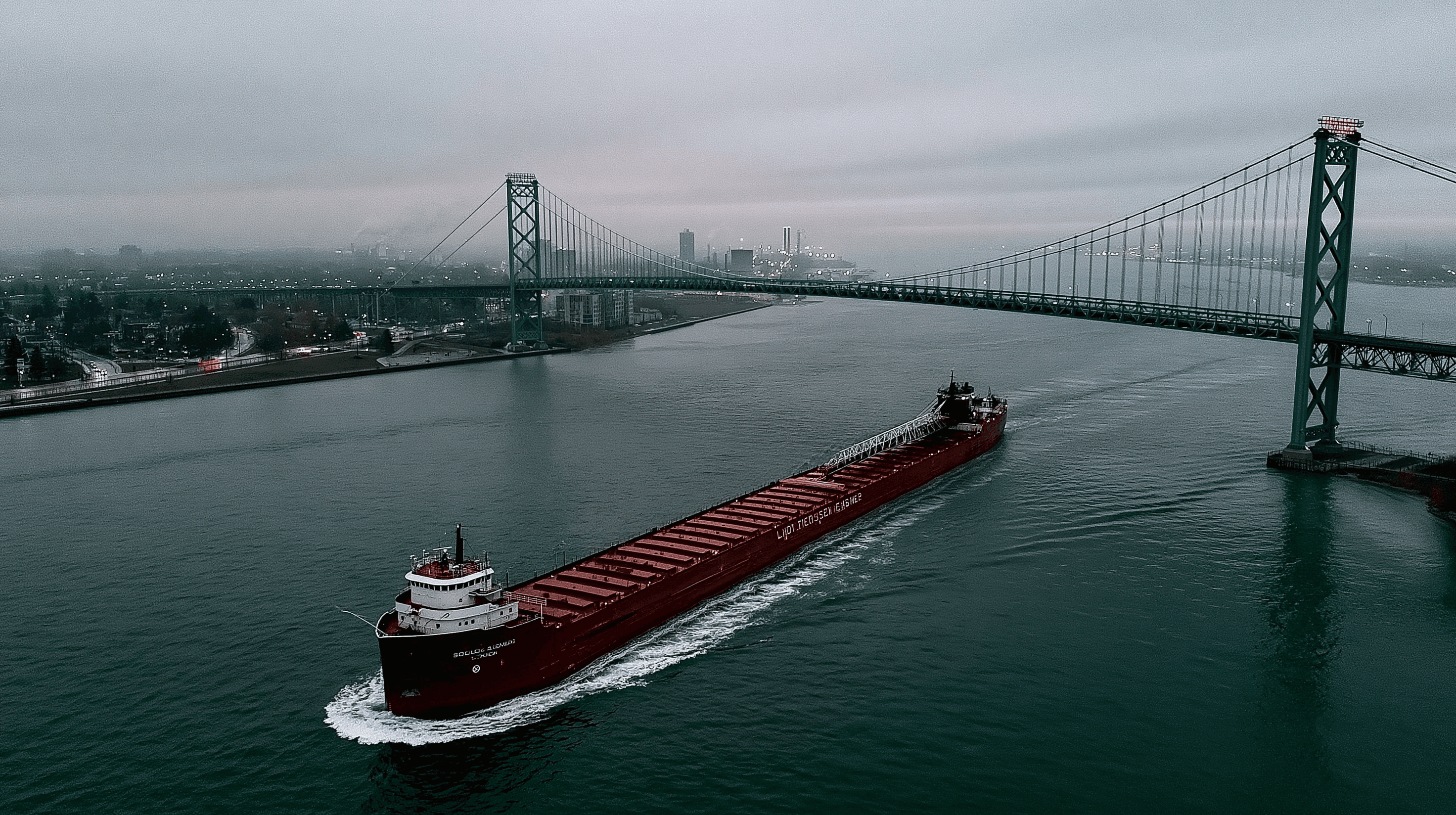 Great Lakes freighter passing under the Ambassador Bridge