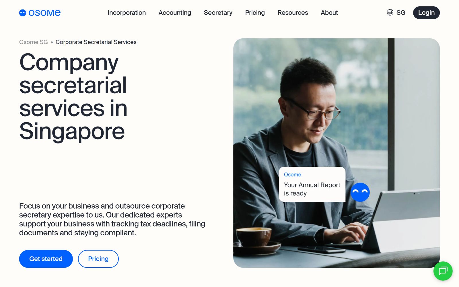 Text: "Company secretarial services in Singapore." Man at laptop with text bubble: "Your Annual Report is ready." Buttons: "Get started," "Pricing.
