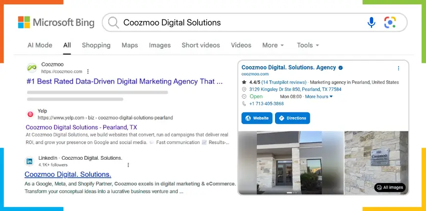 Microsoft Bing Search Result for Coozmoo Digital Solutions