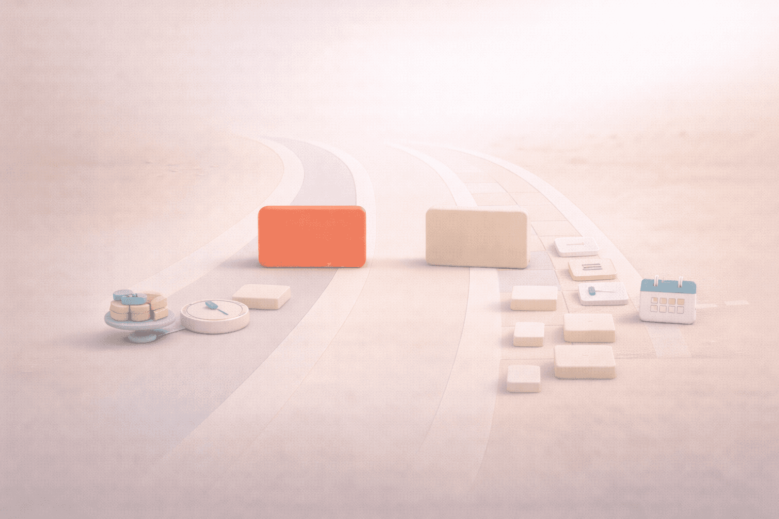 Minimalistische 3D-Illustration mit zwei parallelen Arbeitspfaden: links eine korallfarbene Fokuskarte auf einem klaren, reduzierten Ablauf, rechts eine helle Karte auf einem funktionsreicheren Pfad mit zusätzlichen Aufgaben- und Kalenderelementen; ergänzt durch dezente Preis- und Zeit-Symbole, die den Vergleich zwischen Einfachheit und Funktionsvielfalt darstellen.