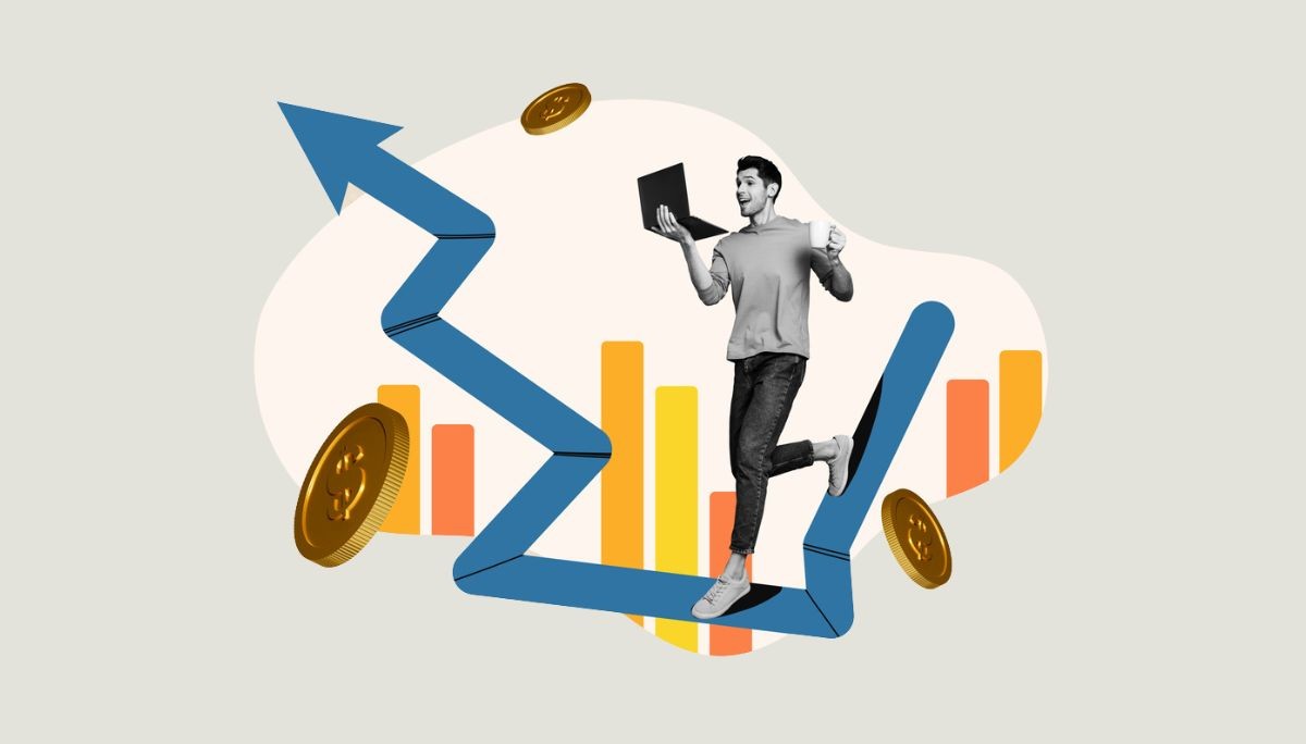 Stylized collage of worker, bar graphs, and dollar coins, used to depict competition fueling success in business.